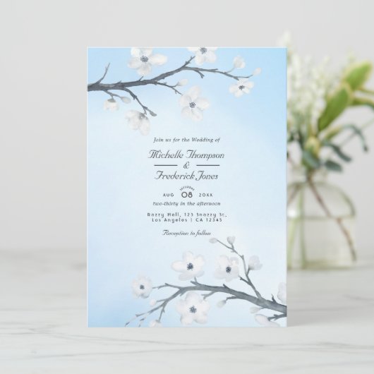 White Cherry Blossom QR Code RSVP Weddenschap Kaart (Staand voorkant)