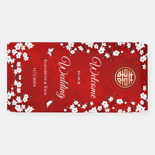 White Cherry Blossom Red | Chinees huwelijk Spandoek (Horizontaal)