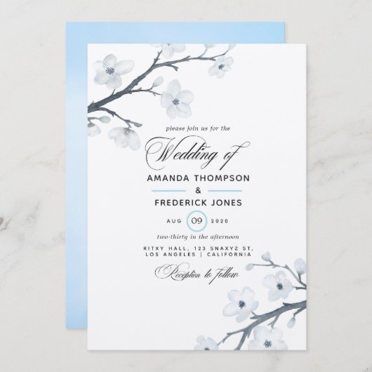 White Cherry Blossom Wedding Invitation Kaart (Voorkant / Achterkant)