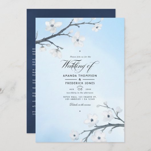 White Cherry Blossom Wedding Invitation Kaart (Voorkant / Achterkant)