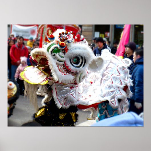 White Chinese Lion Dancer Chinatown Poster (Voorkant)