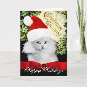 WHITE CHRISTMAS CAT MET SANTA CLAUS PET FEESTDAGEN KAART