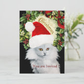 WHITE CHRISTMAS CAT MET SANTA CLAUS PET KAART (Staand voorkant)
