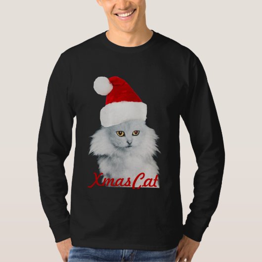 WHITE CHRISTMAS CAT MET SANTA CLAUS PET T-SHIRT (Voorkant)