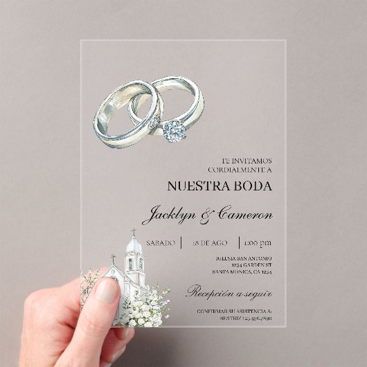 White church with ring Spanish Wedding Acryl Uitnodigingen (Insitu (Draagbaar))