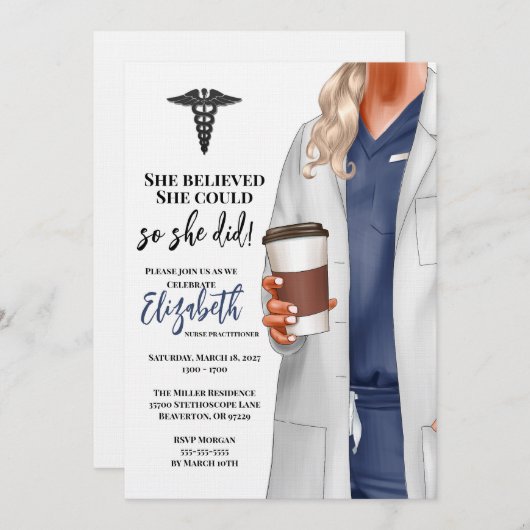 White Coat Medische School Afstuderen Uitnodiging (Voorkant / Achterkant)