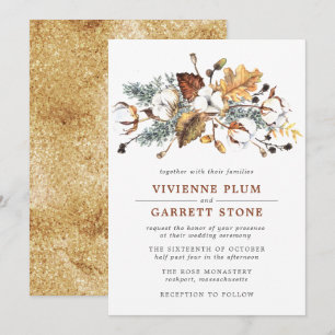 White Cotton Floral Gold Autumn Leaves Wedding Kaart