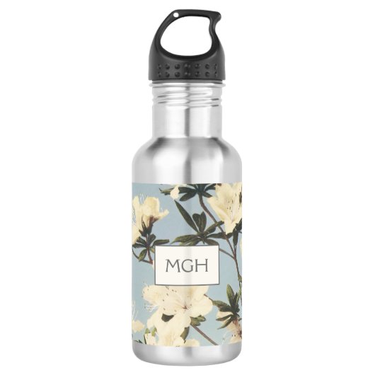 White Cream Azalea Flowers Monogram Waterfles (Voorkant)