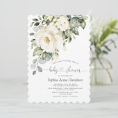 White Cream Floral Handgeschreven Script-Baby show Kaart (Staand voorkant)