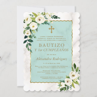 White Cream Flowers Spain 1st Birthday Baptisme Kaart