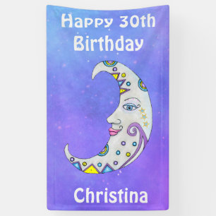 White Crescent Moon Face Colorful Abstracte vormen Spandoek