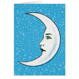 White Crescent Moon with Face Tiny Stars Aqua Blue