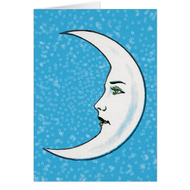 White Crescent Moon with Face Tiny Stars Aqua Blue (Voorkant)