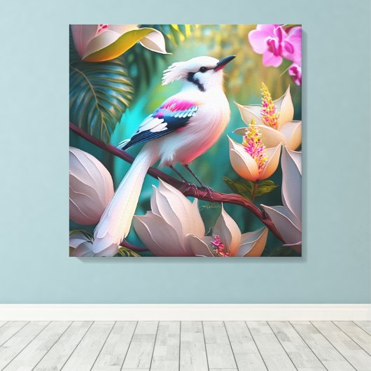 White Crested Blush Chested Fantasy Bird Canvas Afdruk (Insitu (Houten vloer))