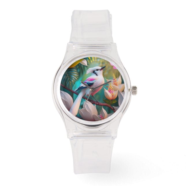 White Crested Blush Chested Fantasy Bird Horloge (Voorkant)