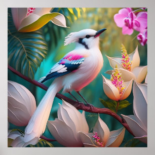 White Crested Blush Chested Fantasy Bird Poster