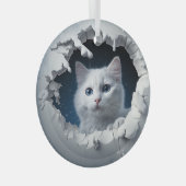 White Curious Kat Glas Ornament (Voorkant Rechts)