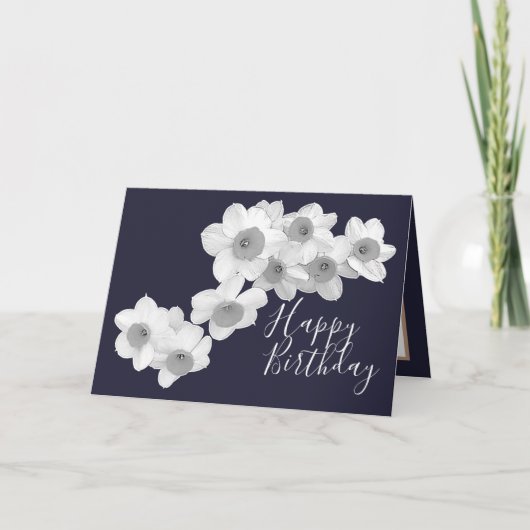 White Daffodils Navy Color Background Birthday Kaart (Voorkant)