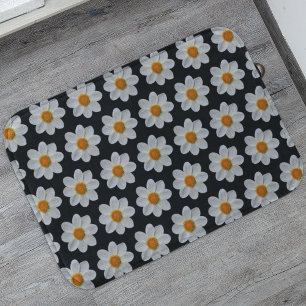White Dahlia Floral Pattern on Black Badmat