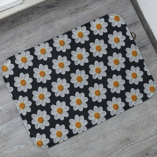 White Dahlia Floral Pattern on Black Badmat