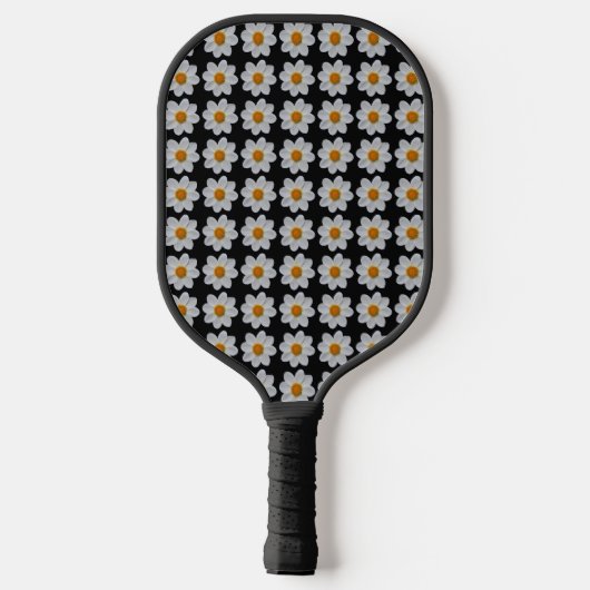 White Dahlia Floral Pattern on Black Pickleball Paddle (Achterkant)