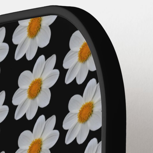 White Dahlia Floral Pattern on Black Pickleball Paddle (Links Detail)