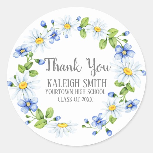 White Daisies Blue Flowers Afstuderen Ronde Sticker (Voorkant)