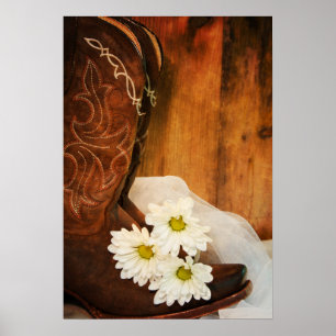 White Daisies en Cowboy Boots Western Wedding Poster