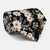 White Daisies Floral Pattern Black Stropdas (Opgerold)