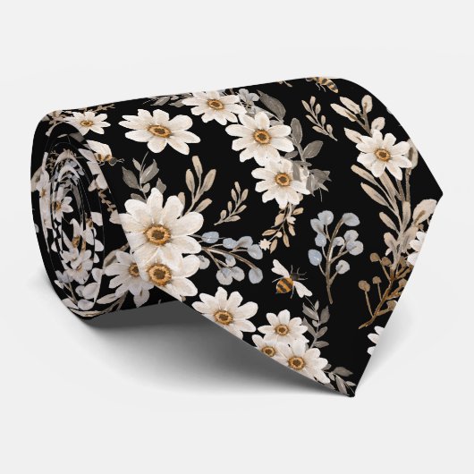 White Daisies Floral Pattern Black Stropdas (Opgerold)