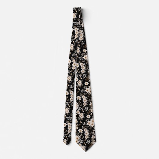 White Daisies Floral Pattern Black Stropdas (Achterkant)
