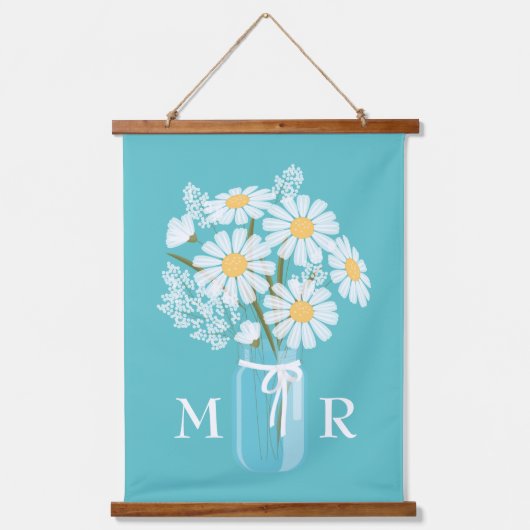 White Daisies Mason Jar Monogram op Blauwgroen Hangend Wandkleed (Voorkant)