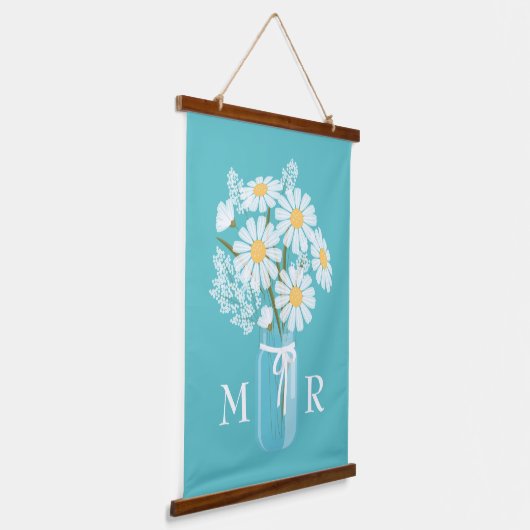 White Daisies Mason Jar Monogram op Blauwgroen Hangend Wandkleed (Gebogen)