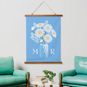 White Daisies Mason Jar Monogram op Blue Hangend Wandkleed