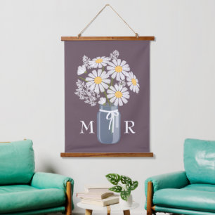 White Daisies Mason Jar Monogram op donker Paars Hangend Wandkleed
