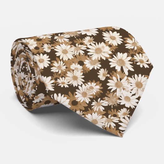 White Daisies on Brown Floral Pattern Stropdas (Opgerold)