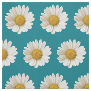 White Daisies on Dark Turquoise Floral Stof