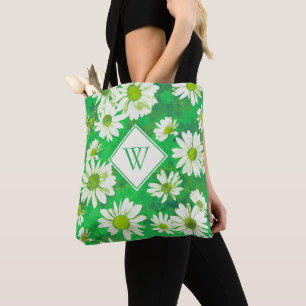 White Daisies on Green Floral Pattern Monogrammed Draagtas