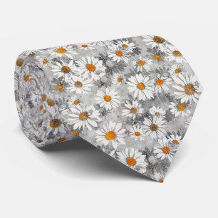 White Daisies on Silver Grey Floral Pattern Stropdas