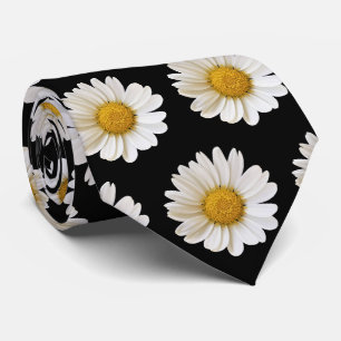 White Daisies Pattern on Black Stropdas