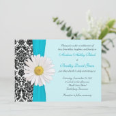 White Daisy Blue Black Damask Wedding Invitation Kaart (Staand voorkant)
