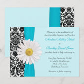 White Daisy Blue Black Damask Wedding Invitation Kaart (Voorkant / Achterkant)