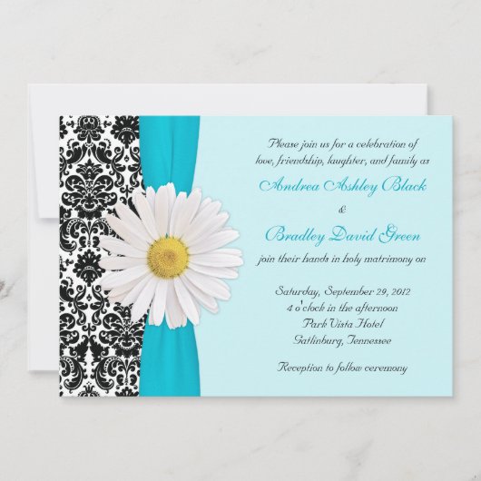 White Daisy Blue Black Mariage damassé Invitation (Devant)