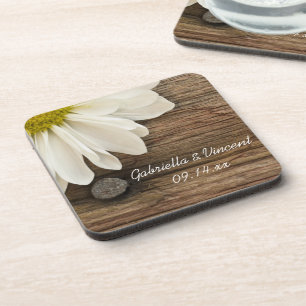 White Daisy en Barn Wood Country Wedding Bier Onderzetter