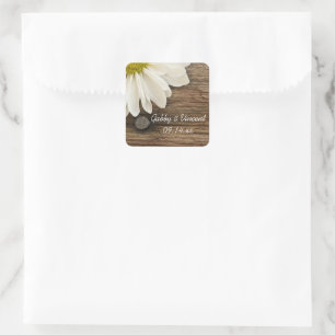 White Daisy en Barn Wood Country Wedding Vierkante Sticker