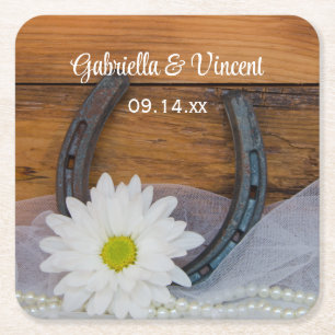 White Daisy en Hoefijzer Country Western Wedding Vierkante Kartonnen Onderzetter