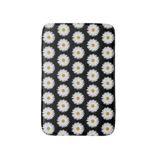 White Daisy Floral Pattern on Black Badmat (Voorkant Verticaal)