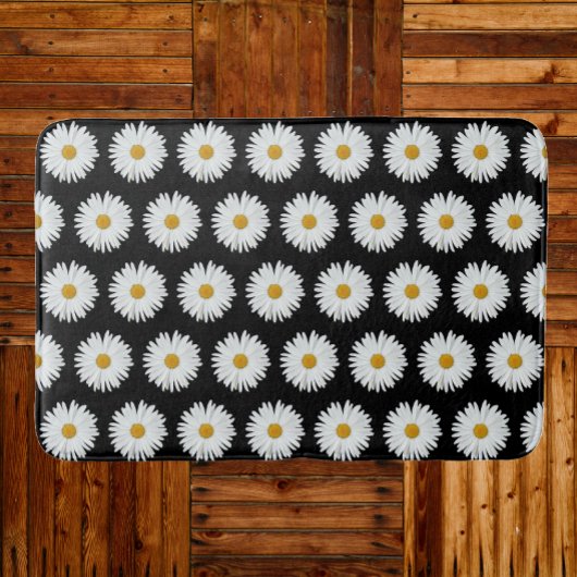 White Daisy Floral Pattern on Black Badmat