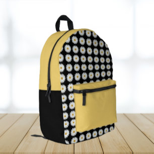 White Daisy Floral Pattern on Black Bedrukte Rugzak