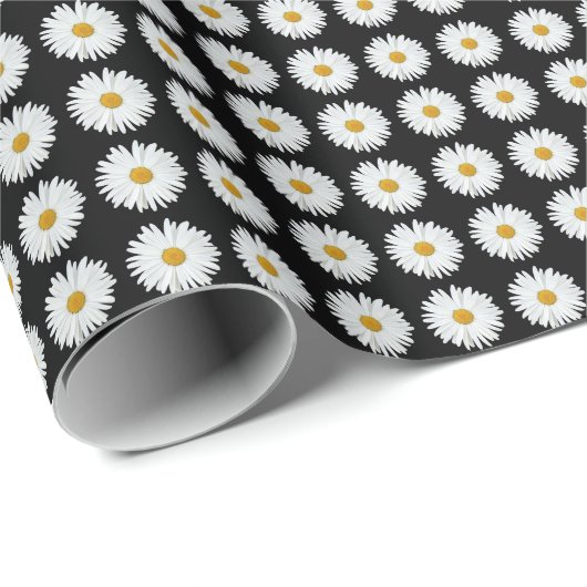 White Daisy Floral Pattern on Black Cadeaupapier (Rol Hoek)